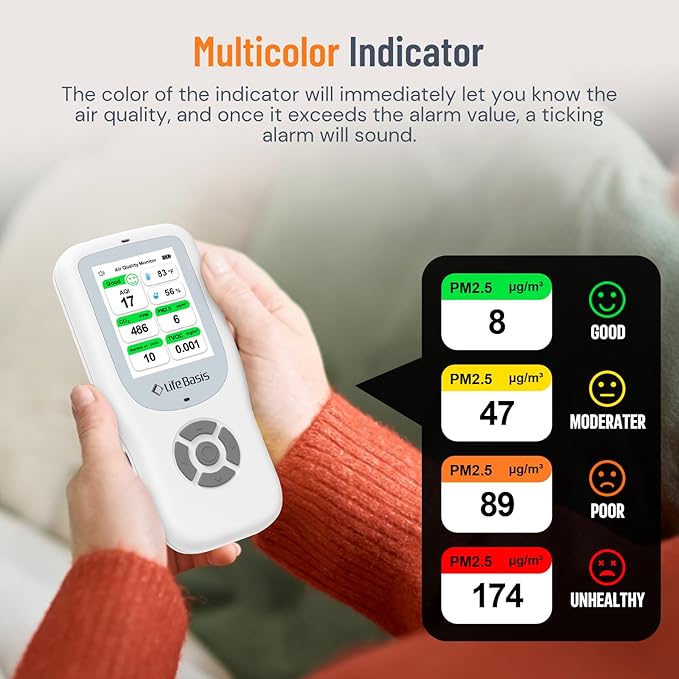 LifeBasis Air Quality Monitor Indoor, 10-in-1 Air Quality Detector - Image 3