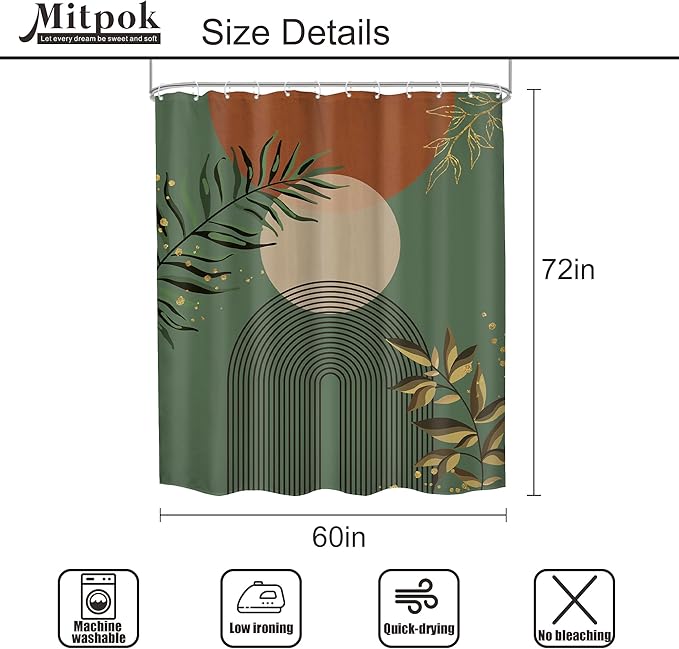 Boho Dark Green Shower Curtain 60Wx72H Abstract Bohemian Mid Century Minimalist - Image 5