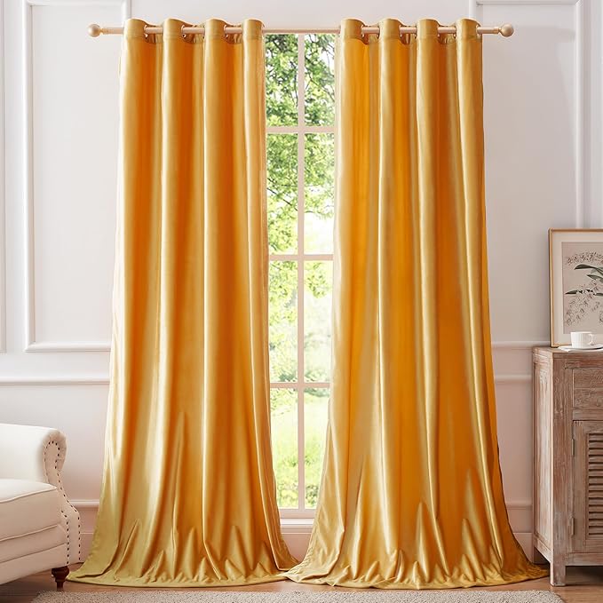 BULBUL Elegant Mustard Yellow Velvet Curtains 120 inches Luxury Living Room by ModernShinyVelvetCurtains