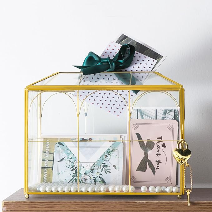 Glass Wedding Card Box with Slot, 10.2'' Large Clear Card Box Gold Brass Gift - Image 8