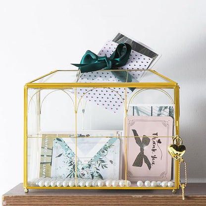Glass Wedding Card Box with Slot, 10.2'' Large Clear Card Box Gold Brass Gift - Image 8