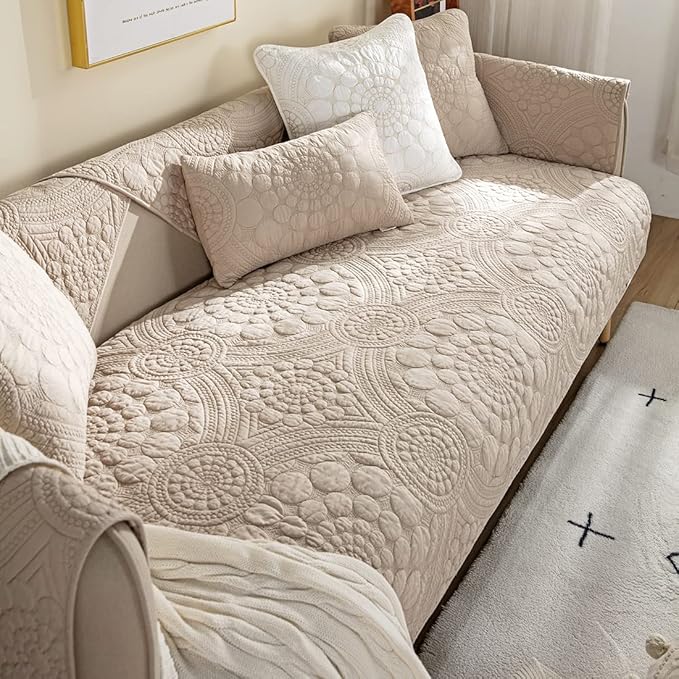 vctops Boho Circle Embroidery Couch Sofa Cover Solid Color Cotton Quilted - Image 4