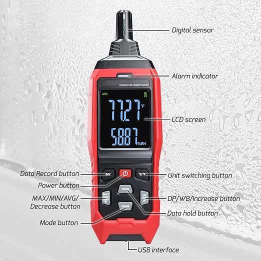 Humidity and Temperature Meter Data Logger Digital Psychrometer HVAC, Wet Bulb - Image 8
