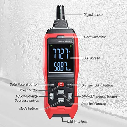 Humidity and Temperature Meter Data Logger Digital Psychrometer HVAC, Wet Bulb - Image 8