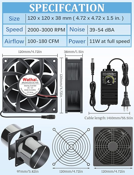 Wathai 120mm x 38mm 4 Inch Small Exhaust Fan 12V Duct Fan - Image 2
