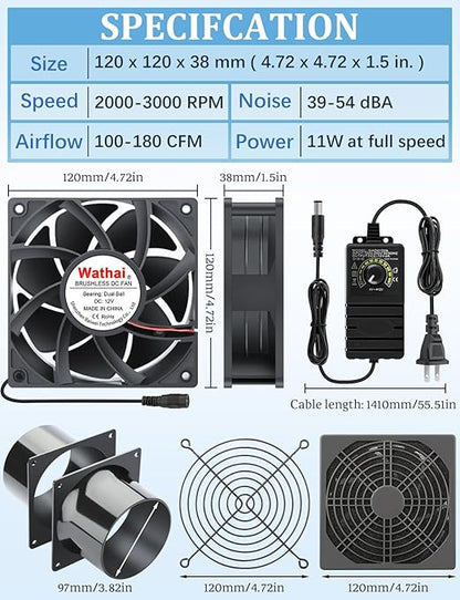 Wathai 120mm x 38mm 4 Inch Small Exhaust Fan 12V Duct Fan - Image 2