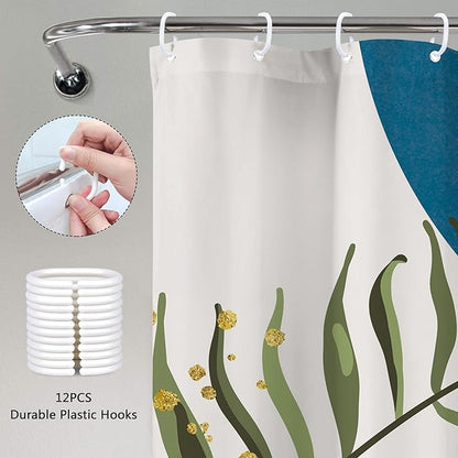 Blue Boho Modern Shower Curtain 72Wx72H Mid Century Abstract Gold Green Leaves - Image 5