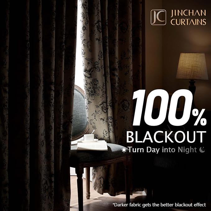 jinchan Blackout Linen Blend Curtain Floral Blackout Curtains - Image 2
