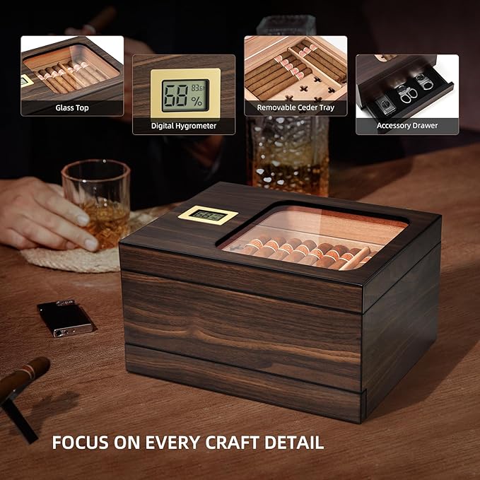 Cigar Humidor, Modern Glass Top Cedar Humidor Cigar Box - Image 4