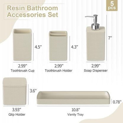 Beige Bathroom Accessories Set 5 Pieces, Resin Toothbrush Holders Set Complete - Image 7
