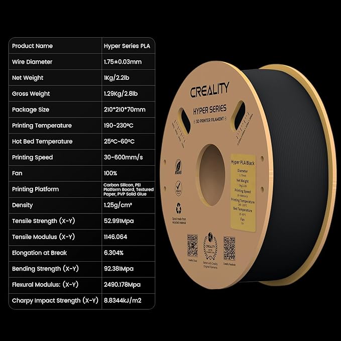 Creality Hyper 3D Printer PLA Black Filament High Speed Printing 1.75mm 2.2lbs - Image 2