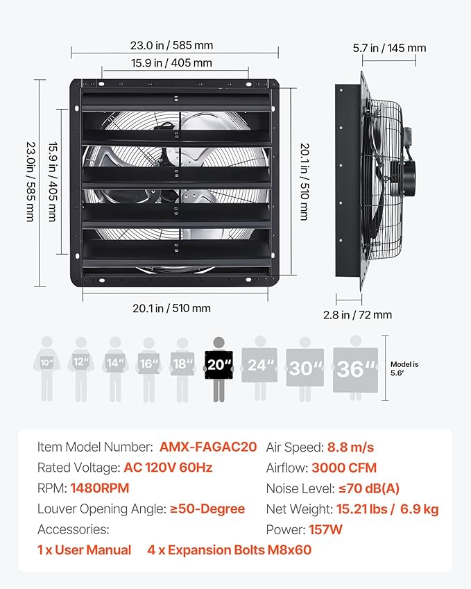 VEVOR 20'' Exhaust Fan, Wall Mounted Attic Fan - Image 7