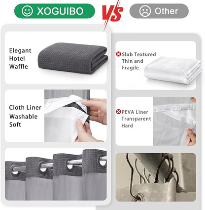 No Hook Shower Curtain and Liner Set, Dark Grey Hotel Waffle Shower Curtain - Image 5