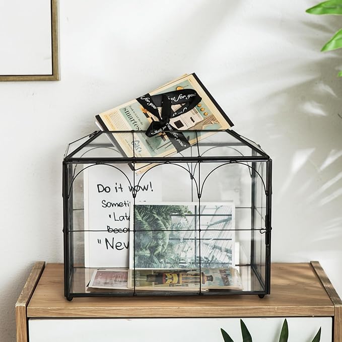 Wedding Card Box with Slot, 10.2'' Large Black Glass Card Boxes - Image 2