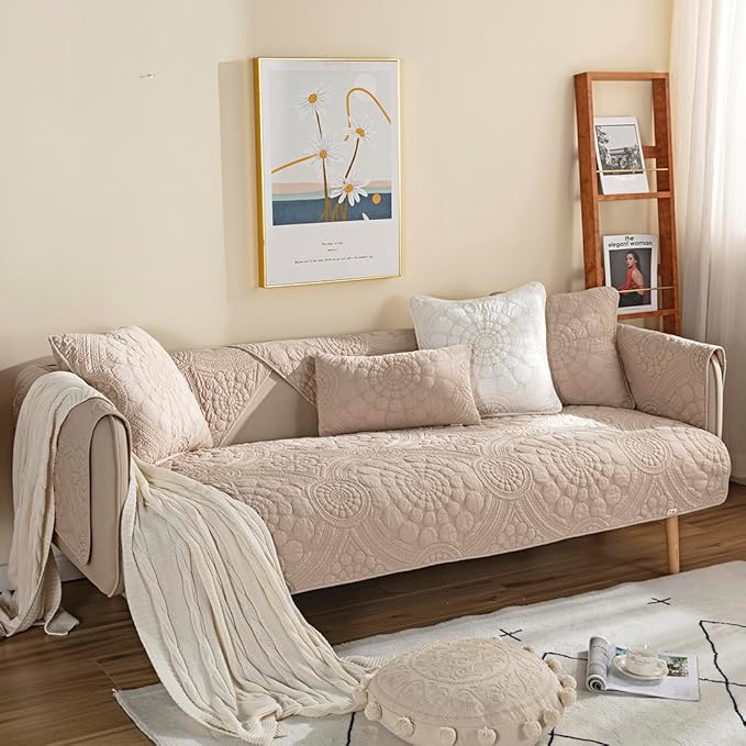 vctops Boho Circle Embroidery Couch Sofa Cover Solid Color Cotton Quilted - Image 3