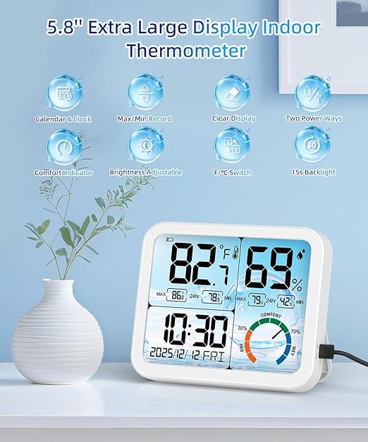 VOCOO 5.8" Large Display Indoor Thermometer Hygrometer - Image 2