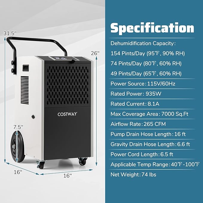 COSTWAY 154 Pints Commercial Dehumidifier - Image 9