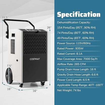 COSTWAY 154 Pints Commercial Dehumidifier - Image 9