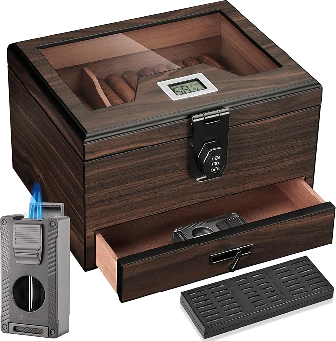 Cigar Humidor and Cigar Lighter Kit, Cedar Wood Cigar Case by LIHTUN