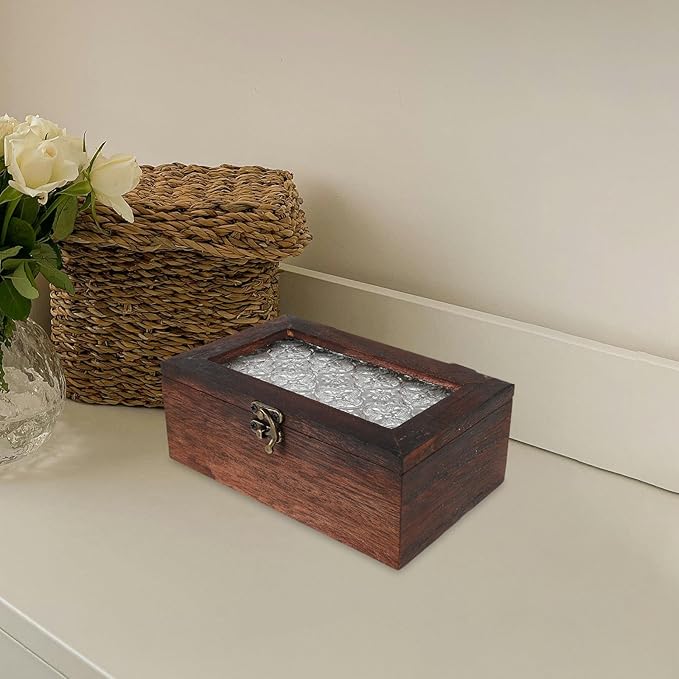 Wood Jewelry Box with Glass Lid and Metal Clasp Vintage Flower Jewelry Trinket - Image 7