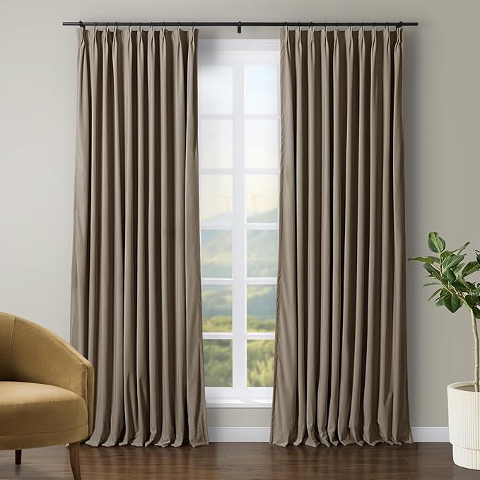 TWOPAGES Luxury Velvet Curtain Pinch Pleated Taupe Curtain 108 inch Long by TWOPAGES