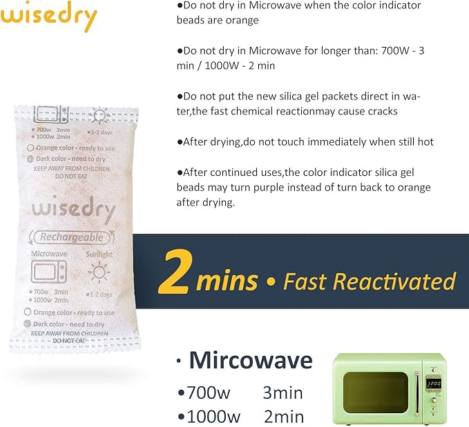 wisedry 50 Gram Silica Gel Packets Microwave Fast Reactivate Desiccan Packs - Image 10