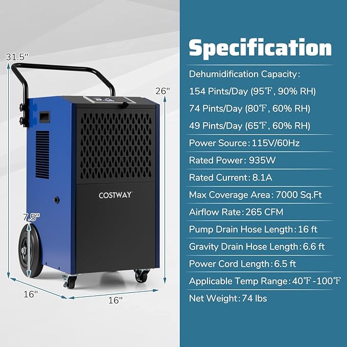 COSTWAY 154 Pints Commercial Dehumidifier - Image 3