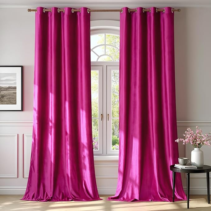 BULBUL Living Room Velvet Window Curtains 72 inch Length- 2 Panels Hot Pink by ModernShinyVelvetCurtains