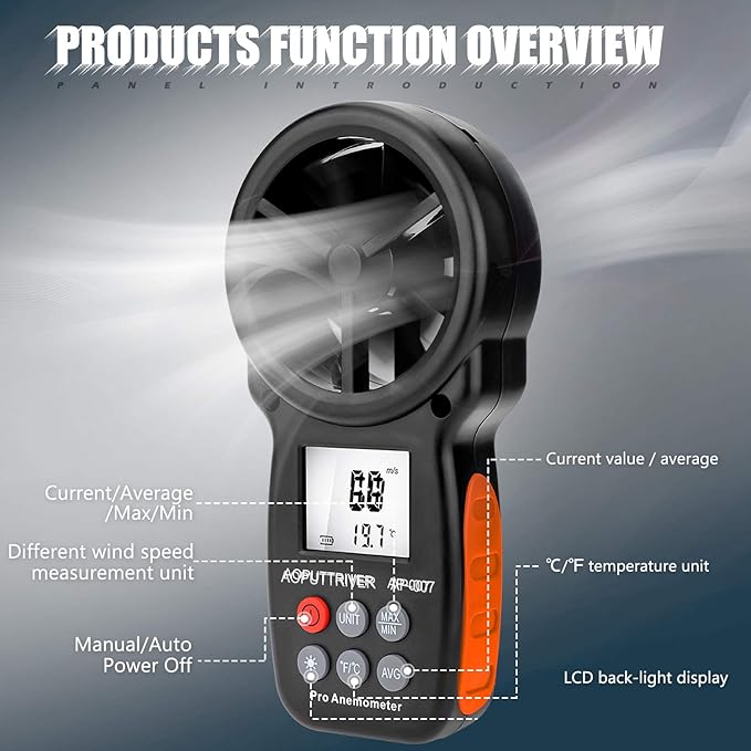 Anemometer Handheld AP-007, CFM Flow Meter Wind Speed Gauge 14℉-113℉ Wind - Image 4
