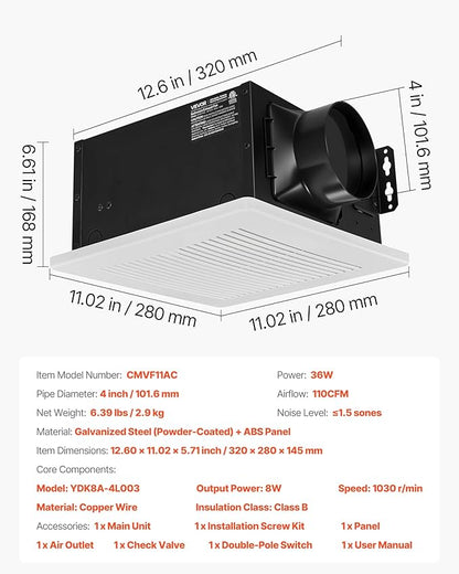 VEVOR Bathroom Exhaust Fan, 110 CFM Bathroom Vent, 1.5 Sones Low-Noise - Image 7