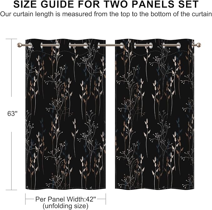 Black Leaves Blackout Curtains 63 Inch Length, Room Darkening Curtains - Image 8