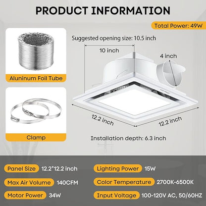Bathroom Exhaust Fan with Light 12" Ultra Quiet 1.0 Sones, Exhaust Fan Mounting - Image 6