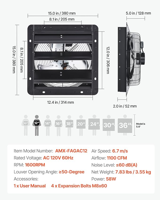 VEVOR 12 inch Shutter Exhaust Fan, Wall Mounted Attic Vent Fan - Image 7