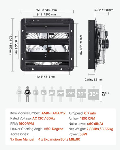 VEVOR 12 inch Shutter Exhaust Fan, Wall Mounted Attic Vent Fan - Image 7