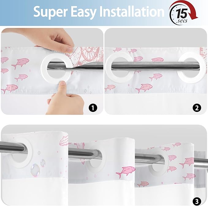 No Hook Shower Curtain with Snap in Liner, Beach Ocean Nautical Coastal Shower - Image 5