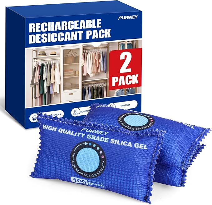 2 Pack Rechargeable Desiccant Packs, 100g Each, Color Indicating Silica Gel by FURWEY