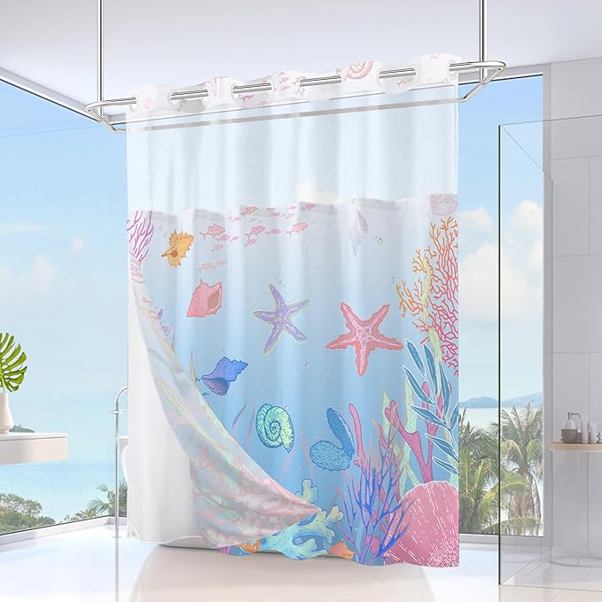 No Hook Shower Curtain with Snap in Liner, Beach Ocean Nautical Coastal Shower - Image 2
