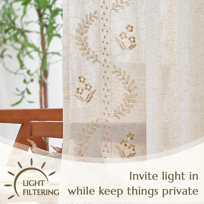 jinchan Belrose Linen Curtains for Bedroom Floral Curtains 90 Inch Length Linen - Image 5