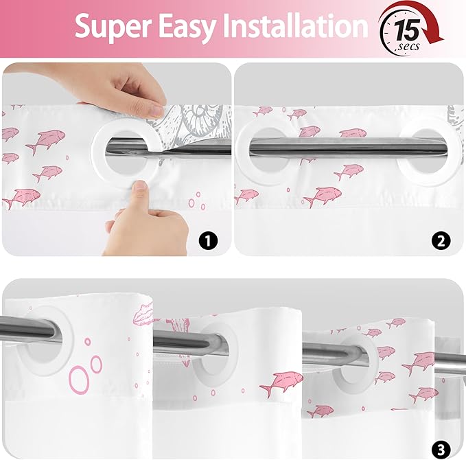 No Hook Shower Curtain with Snap in Liner, Beach Ocean Nautical Coastal Shower - Image 5
