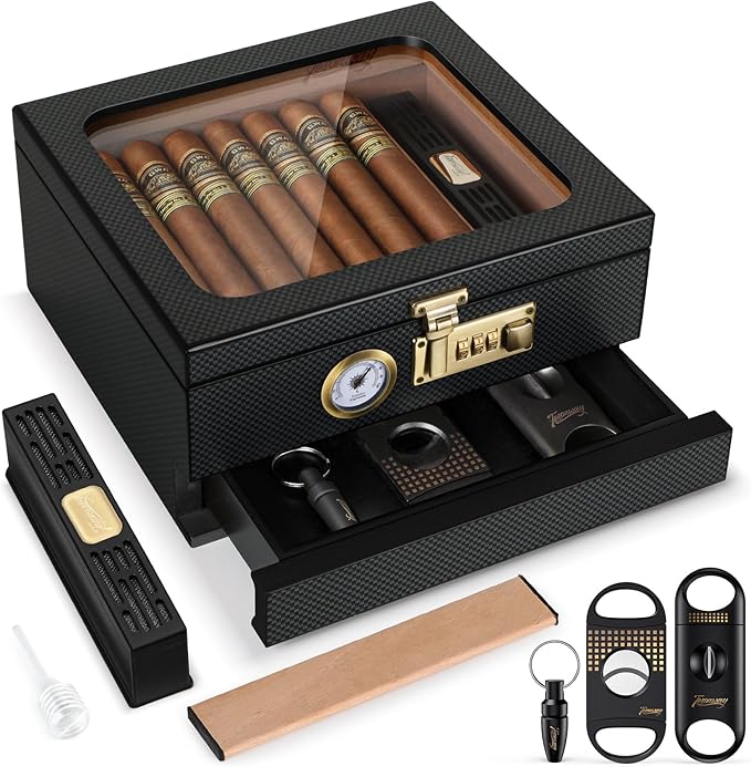 Cigar Humidor, Cedar Wood Humidor Cigar Box, Glass Top Desktop Humidor by Tesonway