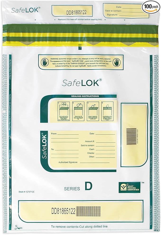 ControlTek SafeLok 12" x 16", 100 Bags, Tamper-Evident Deposit Bags, Cash by ControlTek