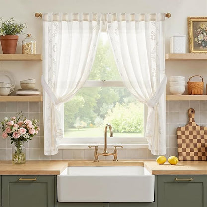 jinchan Belrose Linen Floral Cafe Curtains 54 Inch Length Embroidered Farmhouse by JINCHAN