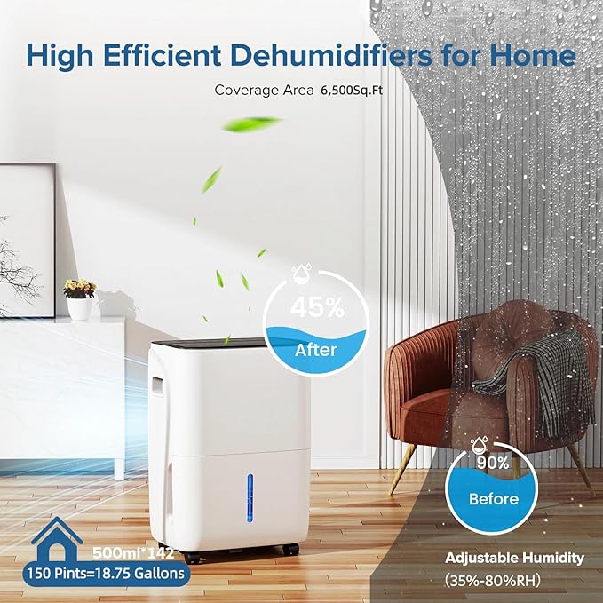 150 Pint Dehumidifier for Basement and Home, Covers up to 6, 500 Sq. Ft Rooms - Image 2