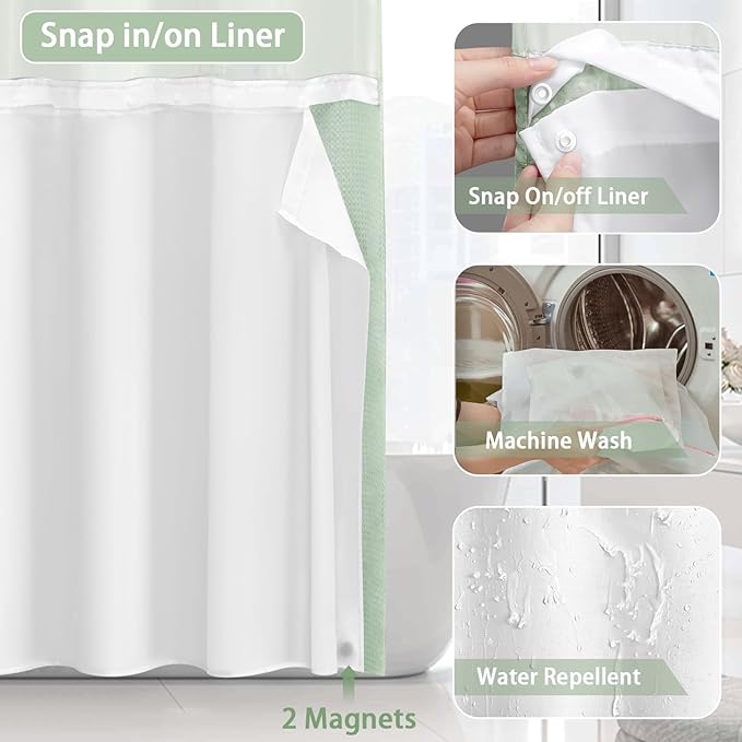 No Hook Shower Curtain and Liner Set, Mint Green Hotel Waffle Shower Curtain - Image 4