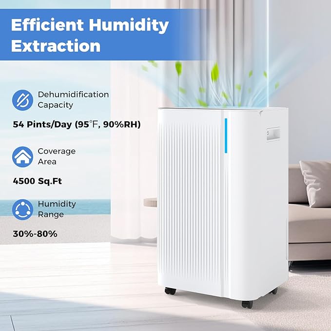 COSTWAY 54 Pints Dehumidifier for Basement, 4500 Sq.Ft Portable Dehumidifier - Image 6