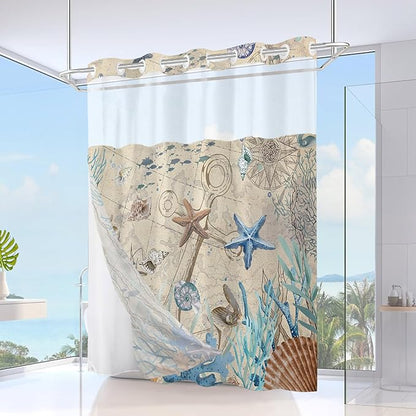 No Hook Shower Curtain with Snap in Liner, Beach Ocean Nautical Coastal Shower - Image 2
