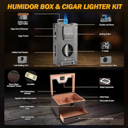 Cigar Humidor and Cigar Lighter Kit, Cedar Wood Cigar Case - Image 2