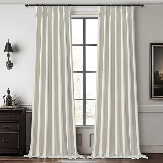 Beige White Pleated Room Darkening 100 Inch Curtains by QJMYDECO