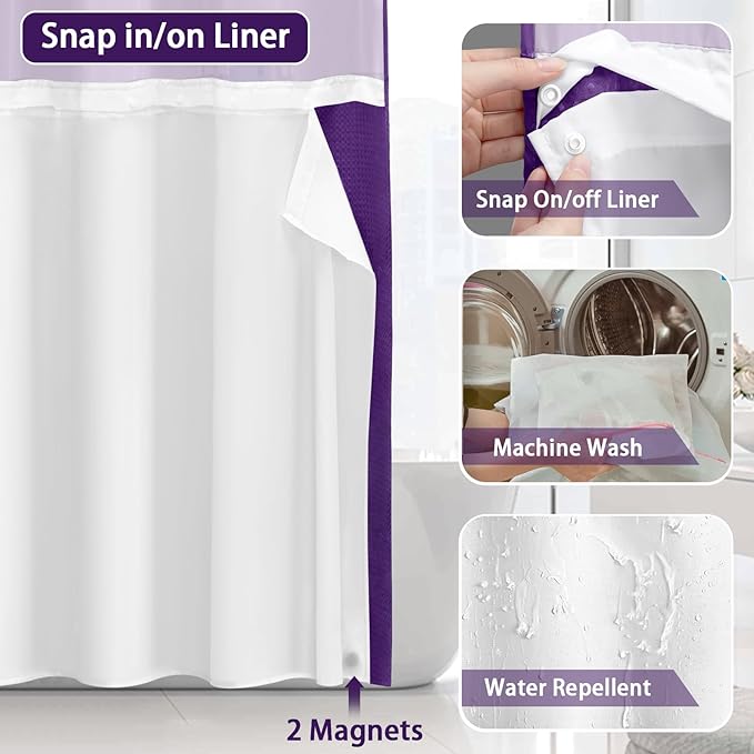 No Hook Shower Curtain and Liner Set, Deep Purple Hotel Waffle Shower Curtain - Image 4