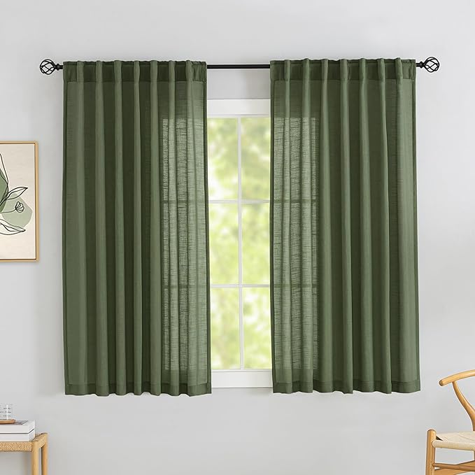 Olive Green Linen Back Tab Curtains 72 Inches Long 2 Panels Set by DONREN